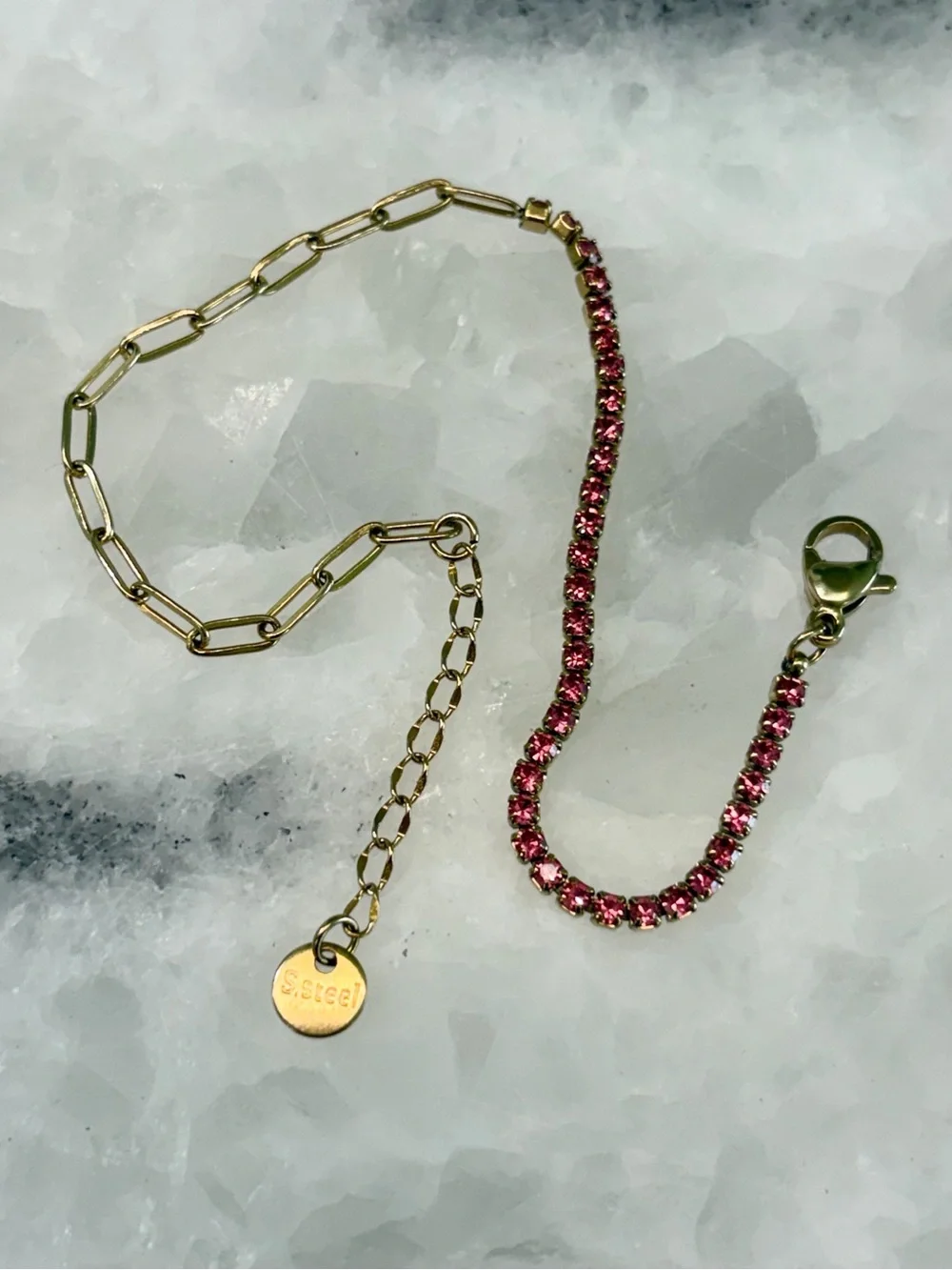 Gold Stainless Steel Pink Crystal Tennis Bracelet